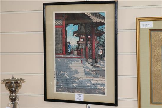 A Japanese woodblock print of a temple
